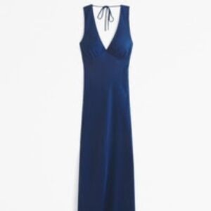 Abercrombie cowl back plunge satin maxi dress blue